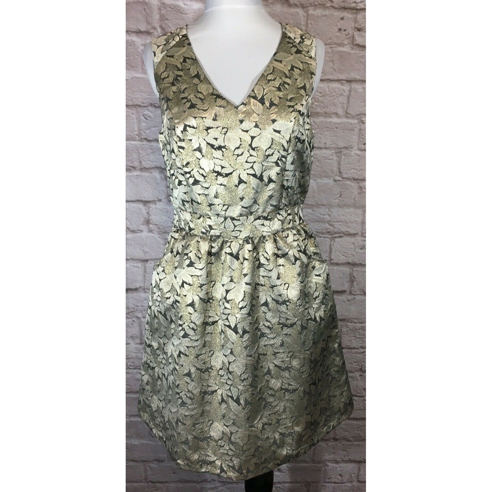 NEW Skies Are Blue Dress SZ S Gold Metallic Floral Print Hip Pockets V-Neck